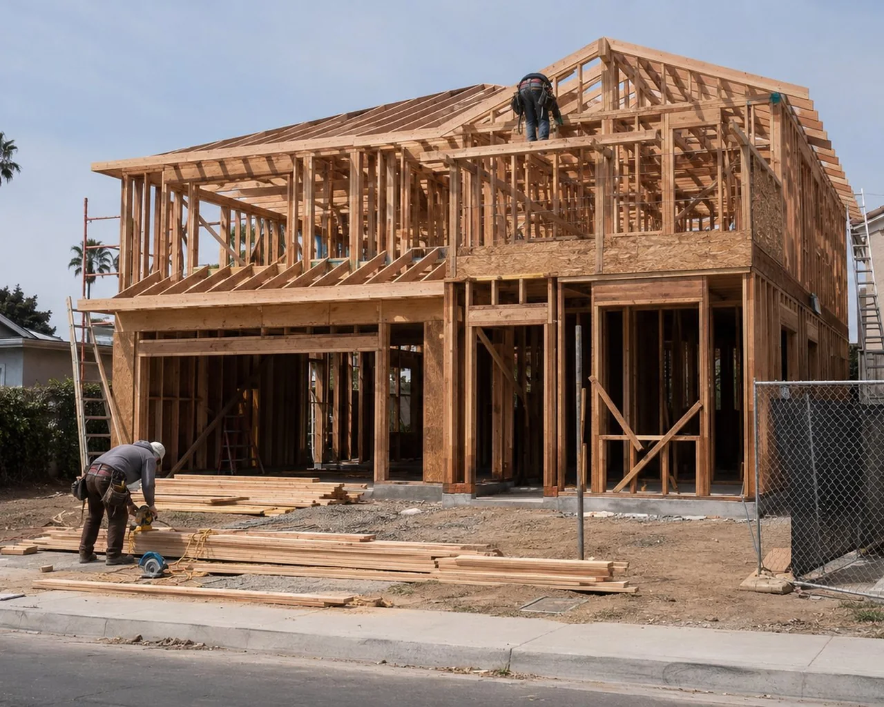 Wood-framed house with the crew at work