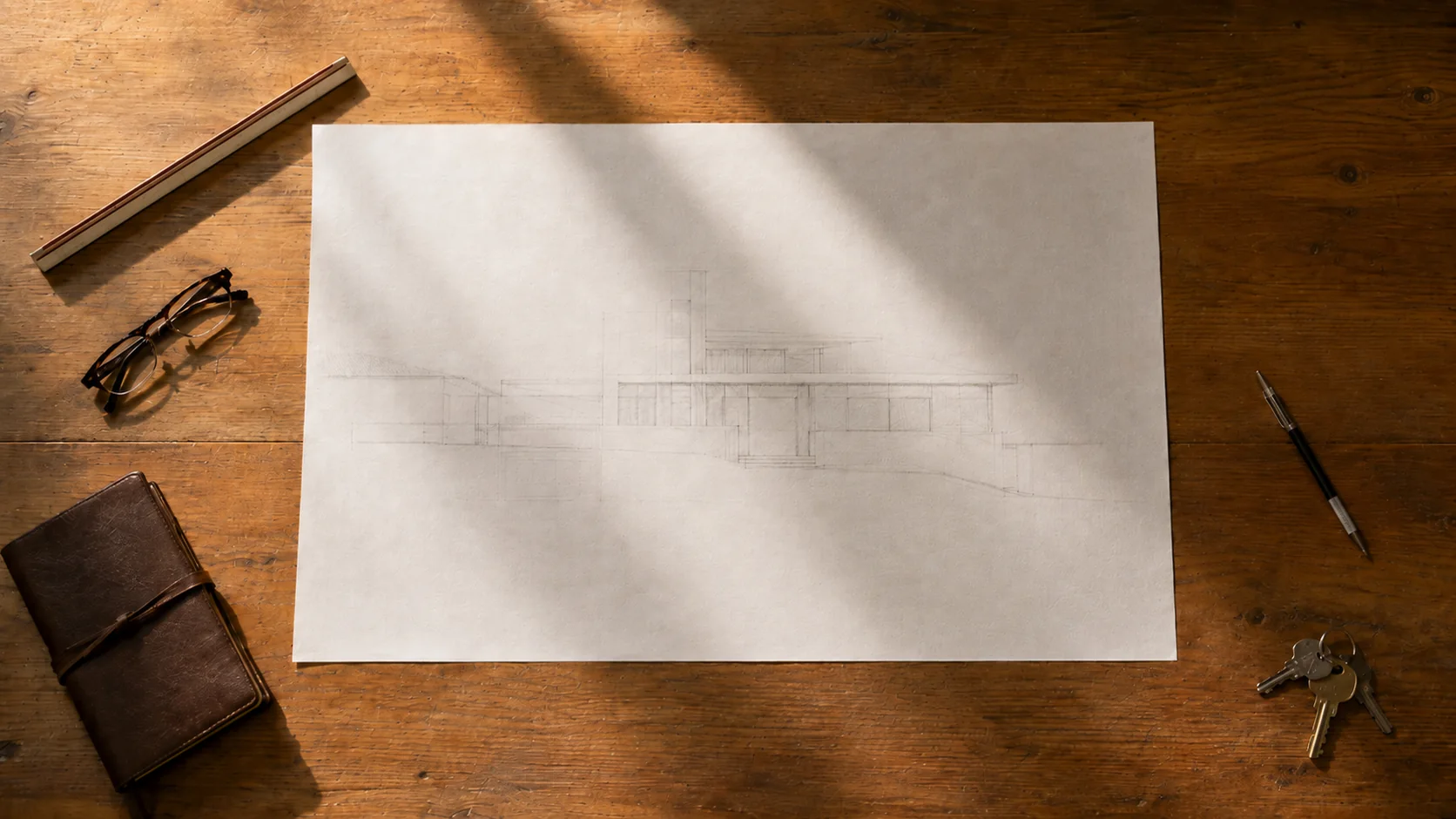 Drafting table with a rolled plan in morning light