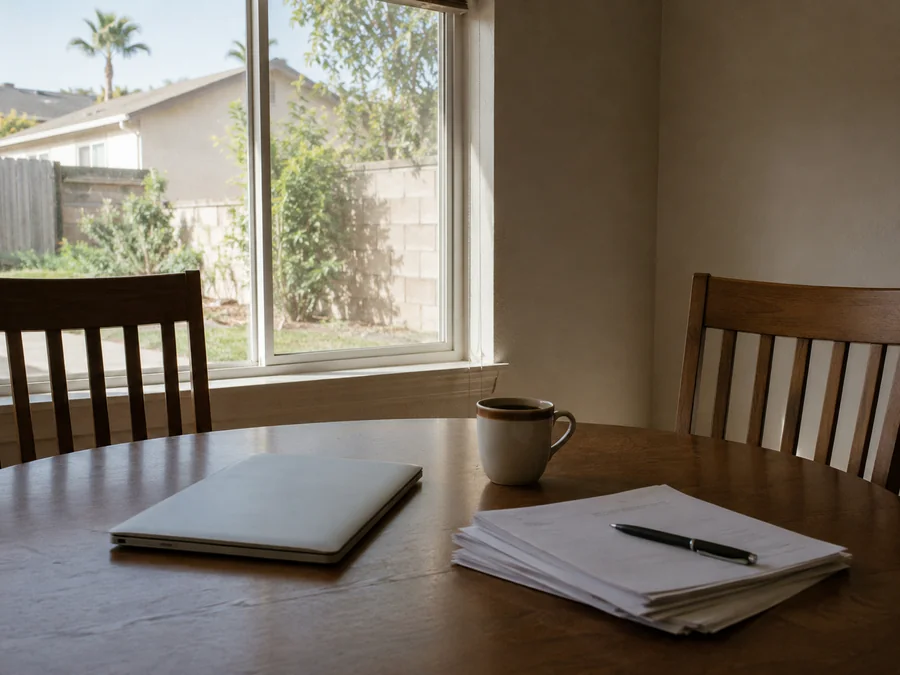 Table by the window with paperwork and a closed laptop