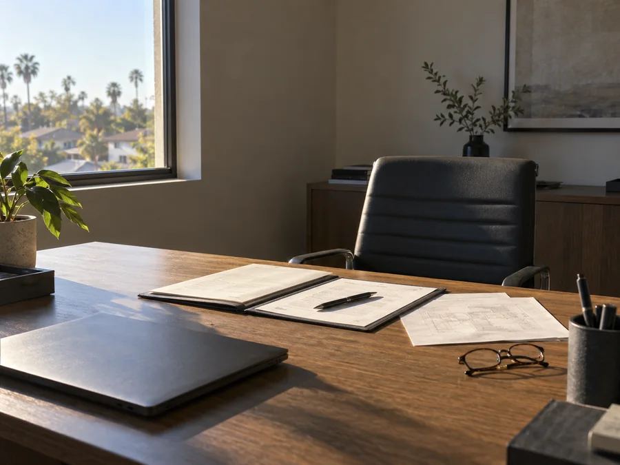 Desk with an open folder, glasses and an empty chair