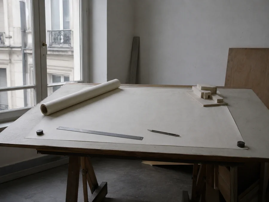 Drafting table with a rolled plan, scale and model