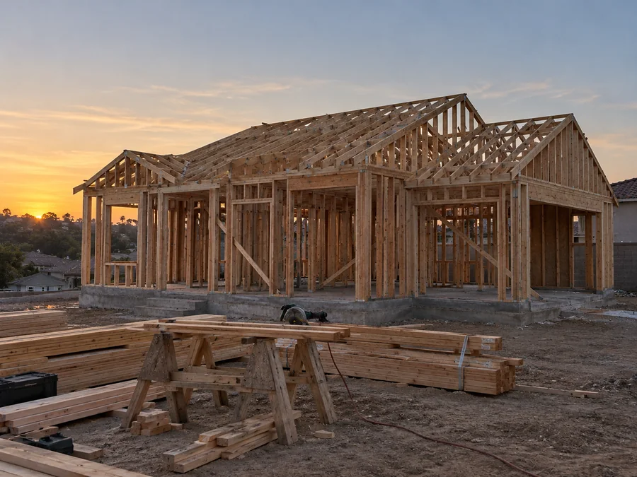 Wood-framed house at the end of the day