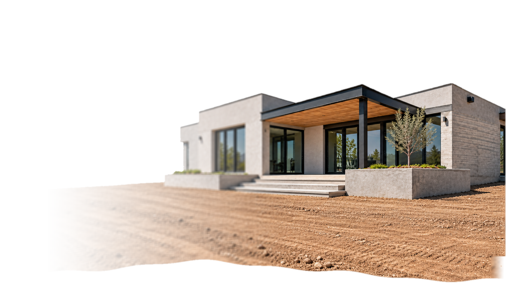Single-story modern home on a freshly graded lot